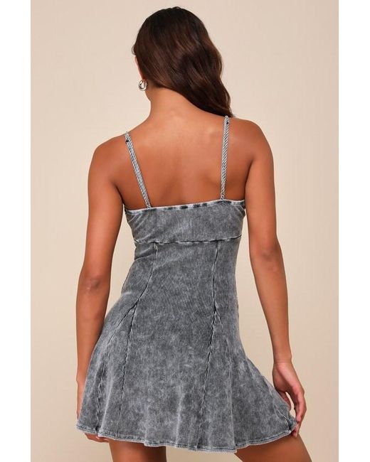 Lulus Blue Simply Pretty Washed Ribbed Pleated Sleeveless Mini Dress