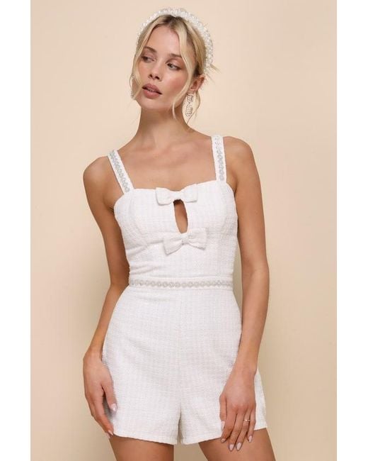 Lulus Natural Upscale Charm Tweed Pearl Beaded Cutout Bow Romper