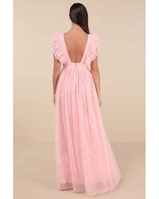 Lulus Pink Simply Delighted Mesh Ruffled Backless Maxi Dress