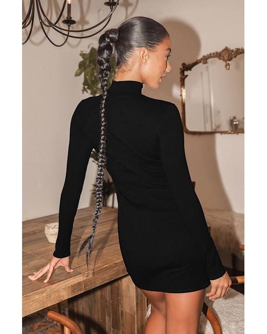 Lulus Black Sweet Season Ribbed Mock Neck Long Sleeve Bodycon Dress