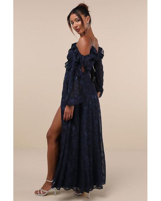 Lulus Blue Pleasant Aura Floral Burnout Cold-Shoulder Maxi Dress