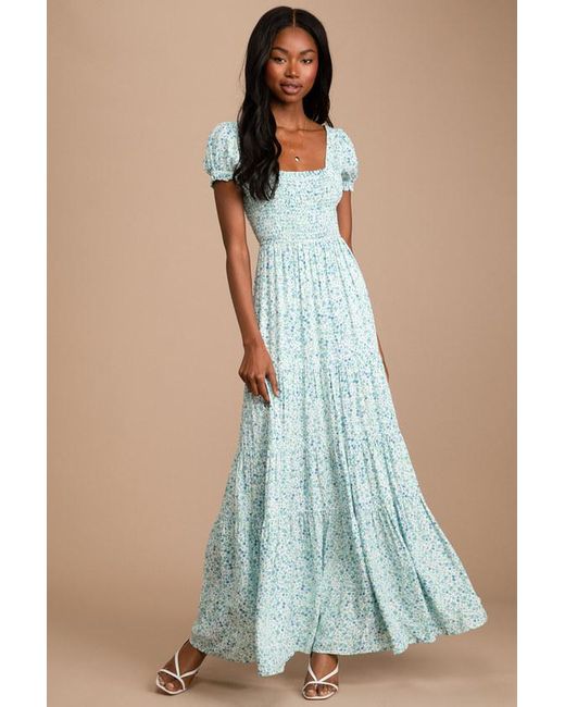 Lulus Blue Ready To Bloom Floral Print Smocked Tiered Maxi Dress