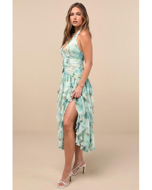 Lulus Green Febe Multi Abstract Halter Ruffled Midi Dress