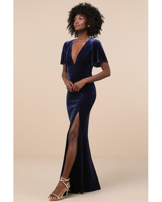 Lulus Blue Elegant Evenings Velvet Flutter Sleeve Trumpet Maxi Dress