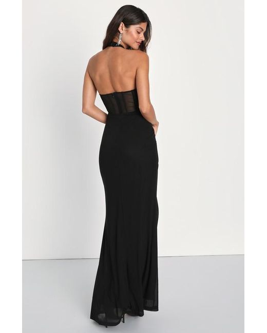 Lulus Never Ending Glamour Mesh Cross Front Halter Maxi Dress in Black Lyst UK