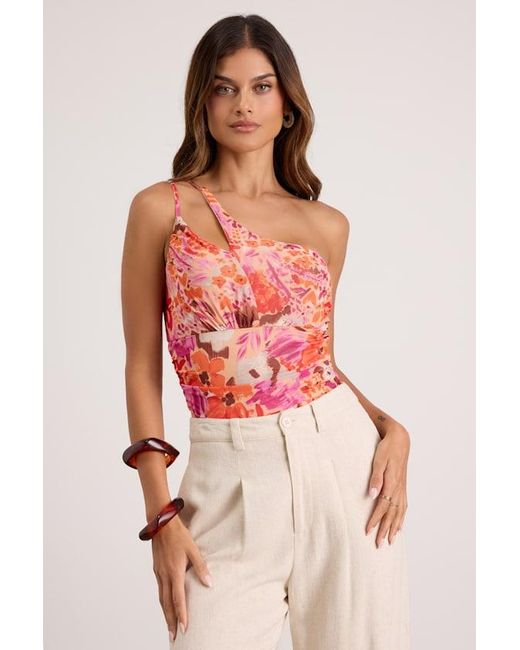 Lulus Red Anahera Floral Mesh Cutout One-Shoulder Bodysuit