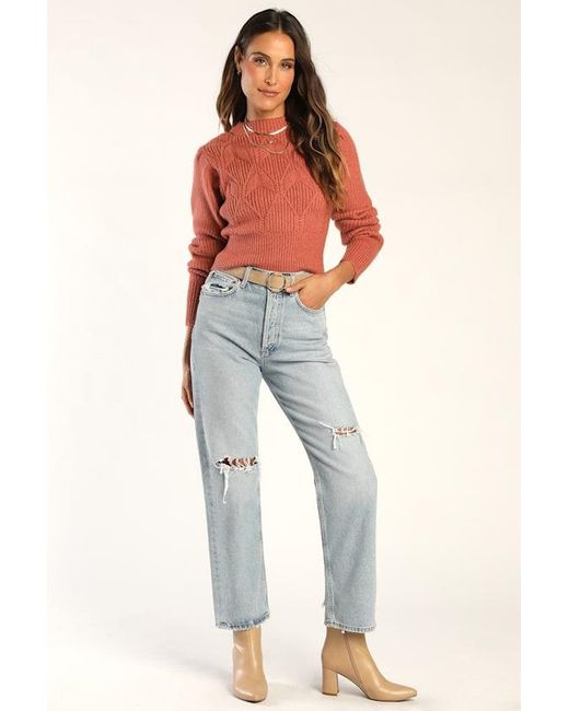 Lulus Red Snow Day Romance Terracotta Cable Knit Cropped Sweater