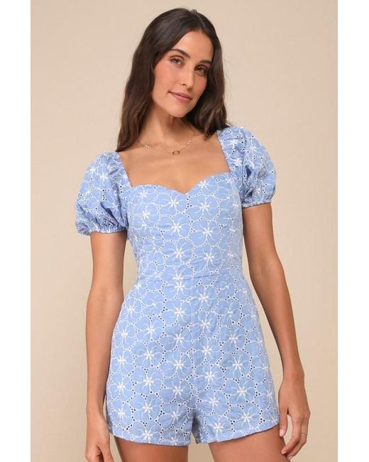 Lulus Blue Summer Charm Floral Eyelet Embroidered Puff Sleeve Romper