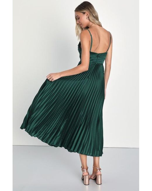 Lulus Green Fabulous Perfection Satin Pleated Midi Dress