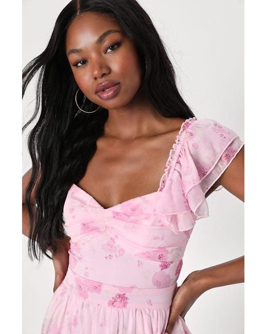 Lulus Pink Loveliest Darling Floral Ruffled Tie-Back Midi Dress