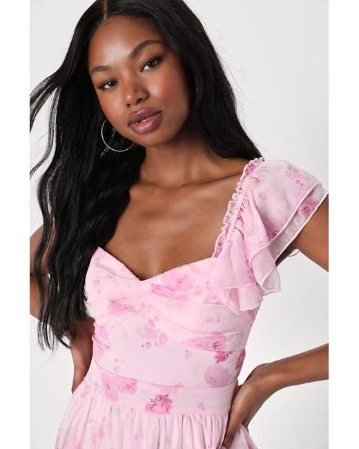 Lulus Pink Loveliest Darling Floral Ruffled Tie-Back Midi Dress