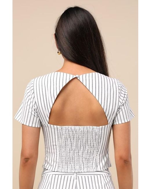 Lulus White Danai And Slate Striped Short Sleeve Crop Top