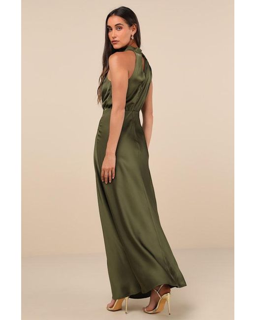 Lulus Green Distinctive Charm Satin Asymmetrical Maxi Dress