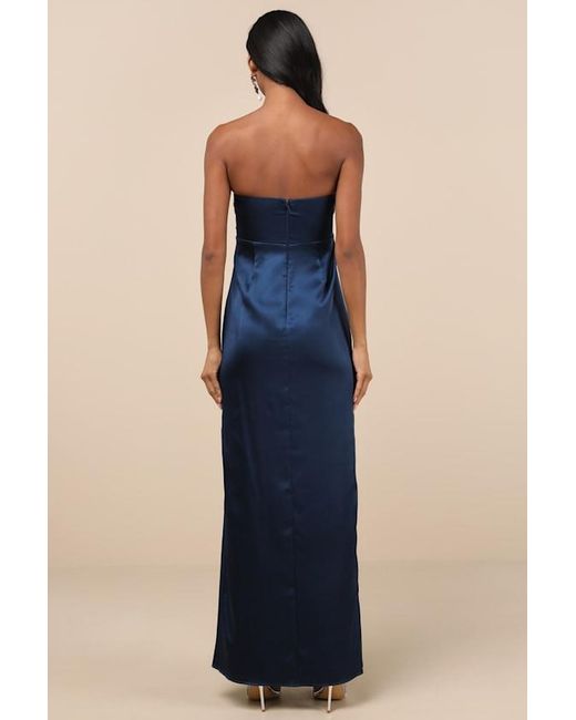 Lulus Blue Memorable Entrance Strapless Satin Maxi Dress
