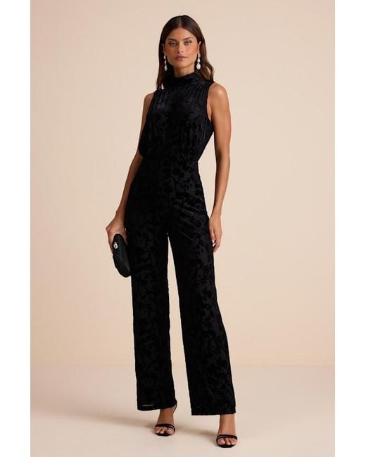 Lulus Black Micola Velvet Jacquard Mock Neck Jumpsuit