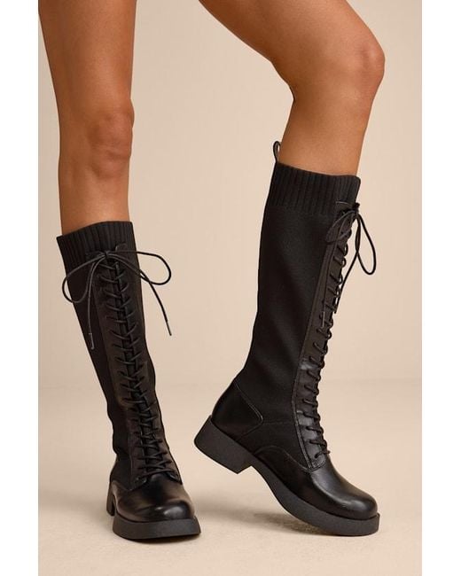 BC Footwear Black Carmen Knit Knee-High Lace-Up Sock Boots
