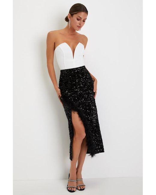 Lulus Black Luminous Aura Sequin Feather High-Rise Tulip Midi Skirt