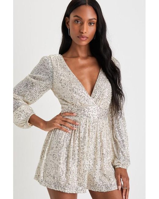 Lulus Natural Watch Me Shine Sequin Plunge Long Sleeve Romper