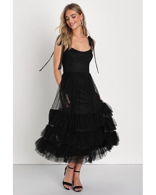 Lulus Black Captivating Aesthetic Mesh Swiss Dot Tie-Strap Midi Dress