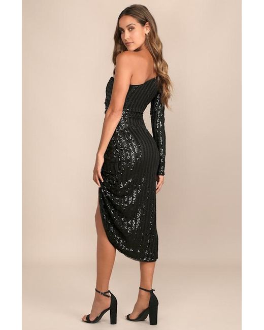 Lulus Black Elegant Occasion Sequin One-Shoulder Midi Dress