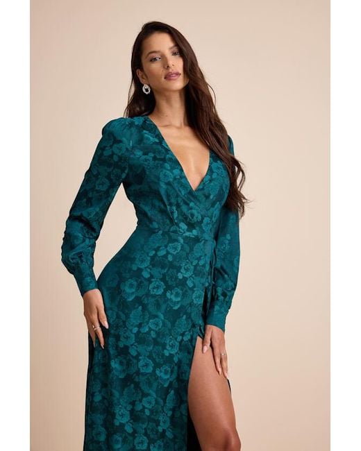 Lulus Blue Maryn Satin Jacquard Wrap Maxi Dress