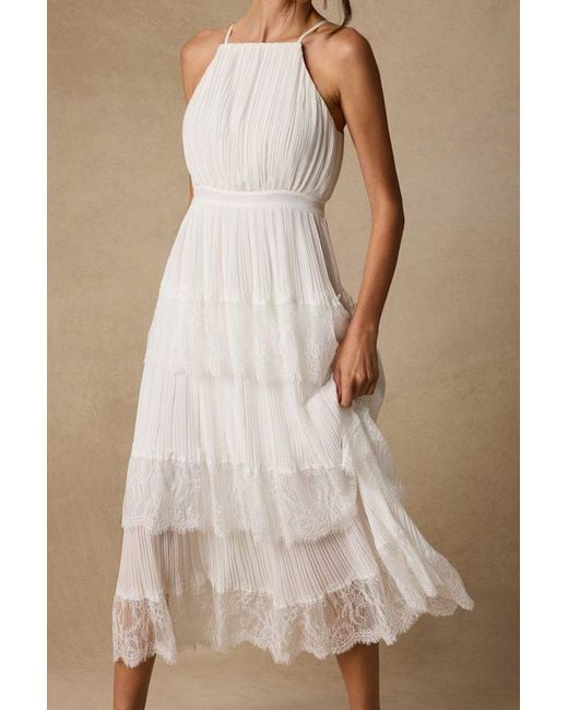 Lulus Natural Came For Cocktails Pleated Tiered Lace Maxi Dress