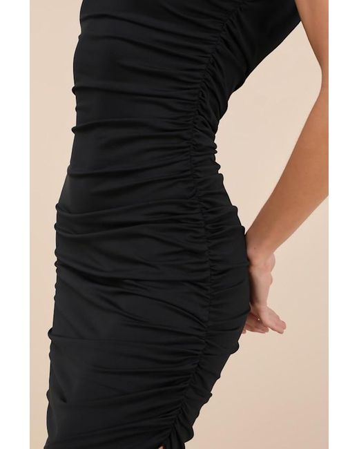 Lulus Natural Incredibly Posh Ruched Asymmetrical Midi Dress