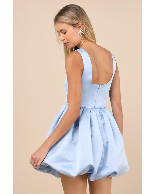 Lulus Blue Regal Cutie Satin Square Neck Bubble-Hem Mini Dress