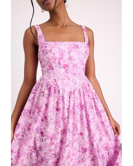 Lulus Pink Colwyn Light Floral Jacquard Bustier Midi Dress