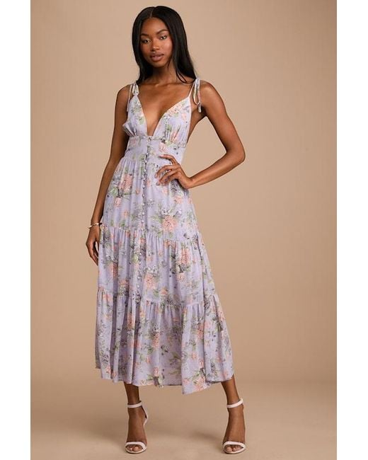 Lulus Brown Everlasting Sight Floral Print Tie-Strap Midi Dress