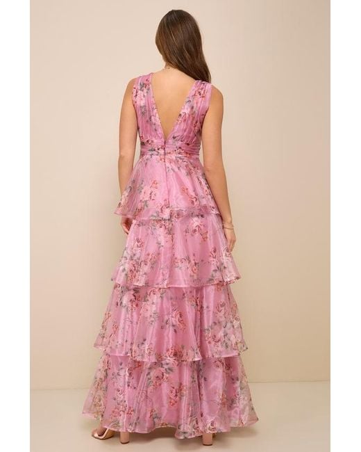 Lulus Pink Garden Radiance Floral Print Organza Tiered Maxi Dress