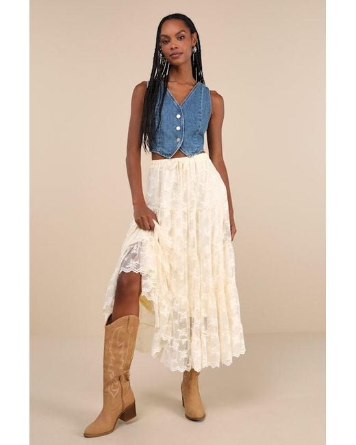 Lulus Blue Exceptionally Graceful Cream Lace High-Rise Tiered Midi Skirt