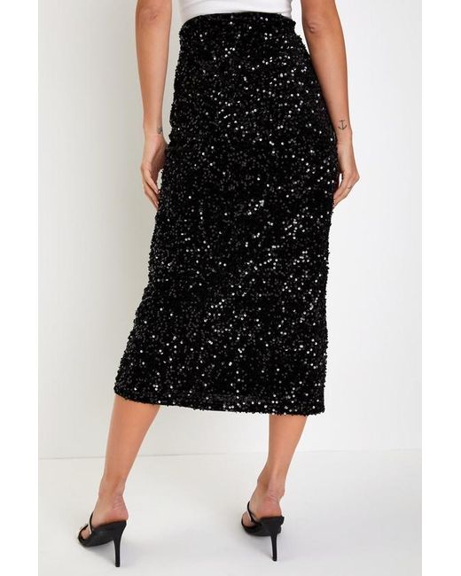 Lulus Black Luminous Aura Sequin Feather High-Rise Tulip Midi Skirt