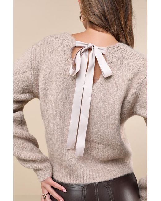 Lulus Natural Coquette Cozy Heather Long Sleeve Bow Pullover Sweater
