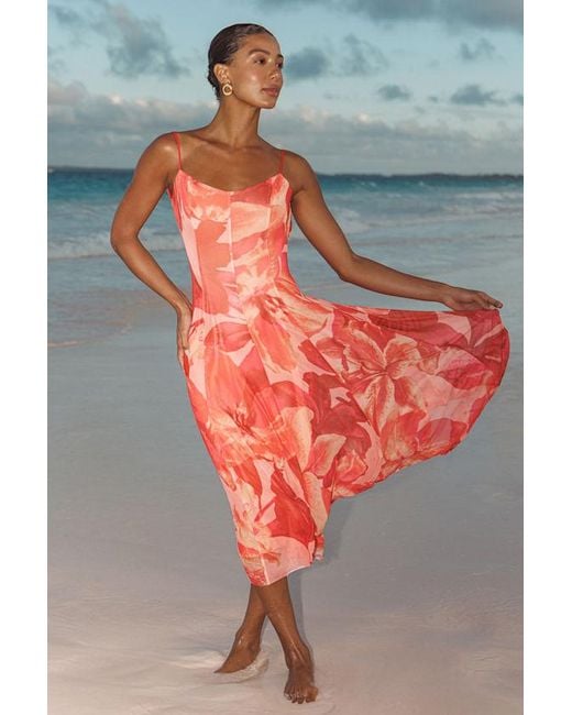 Lulus Pink Atori Multi Floral Print Mesh Sleeveless Midi Dress