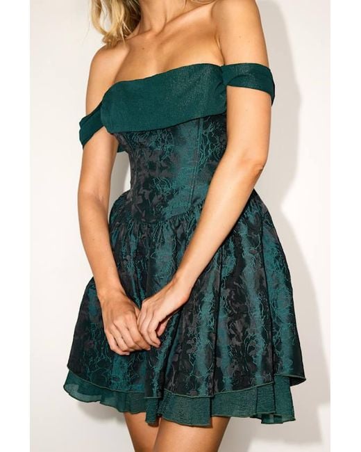Lulus Green Kalara Jacquard Off-The-Shoulder Mini Dress