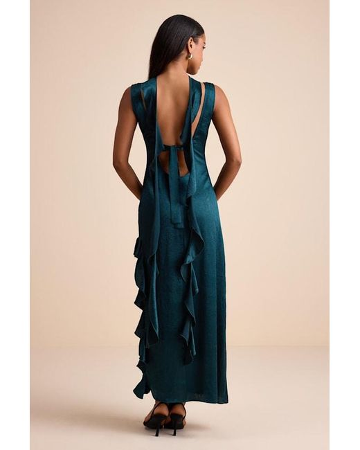 Lulus Blue Adelise Satin Ruffled Sash Scarf Maxi Dress
