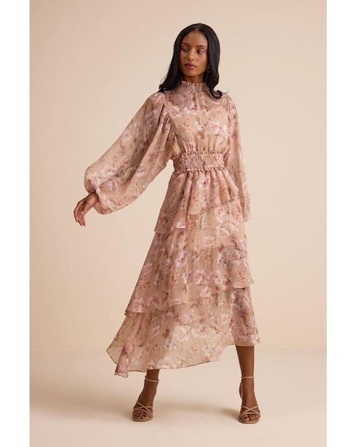 Lulus Brown Wexler Floral Tiered Mock Neck Long Sleeve Maxi Dress