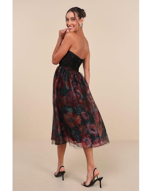 Lulus Natural Splendidly Yours Floral Organza Mesh Strapless Midi Dress