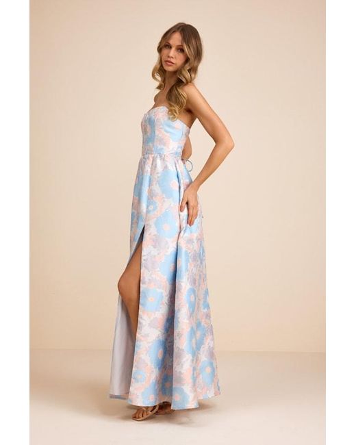 Lulus Blue Rainie Cream Floral Jacquard Strapless Lace-Up Maxi Dress