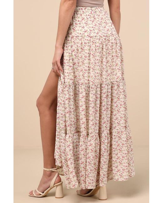 Lulus Natural Subtle Sweetness Cream Floral Print Tiered Maxi Skirt