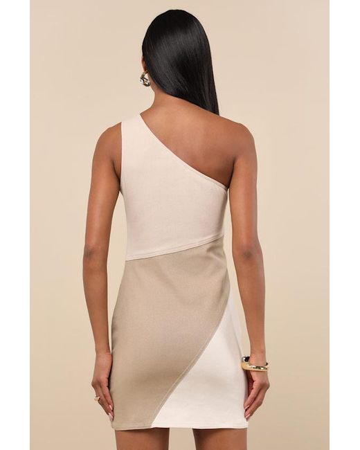 Lulus Natural Tara Color Block One-Shoulder Mini Dress