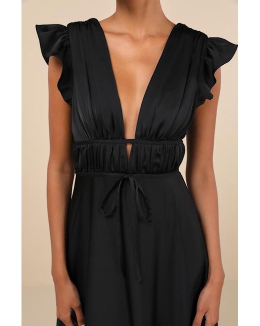 Lulus Black I'M All Yours Satin Cutout Ruffled Maxi Dress