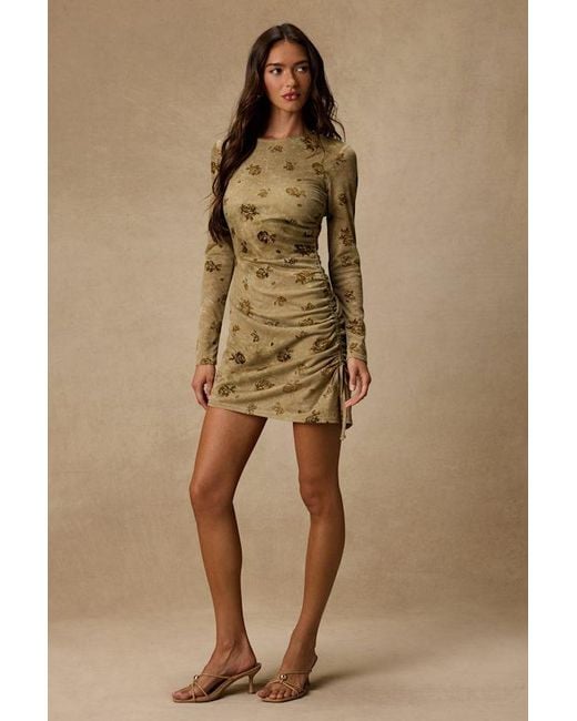 Lulus Natural Laudie Rose Print Ruched Mini Dress