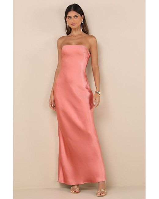Lulus Elliette Satin Strapless Cowl Back Maxi Dress in Pink | Lyst