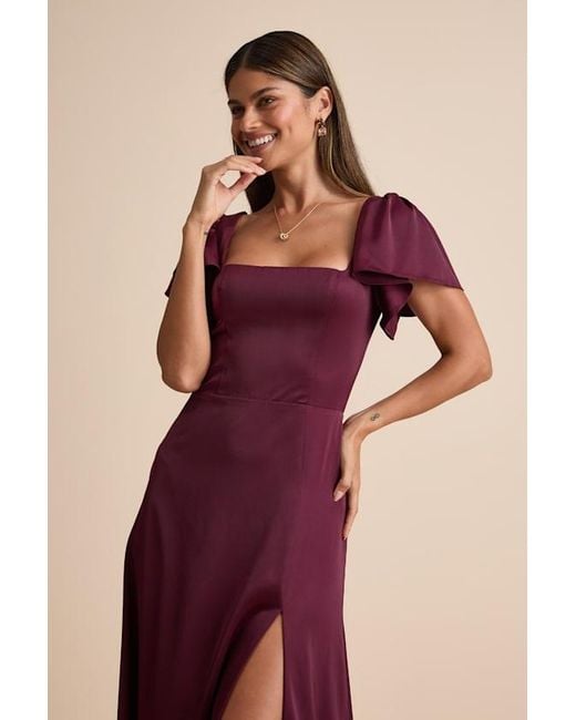 Lulus Purple Ultimate Sweetness Plum Satin Flutter Sleeve Maxi Dress