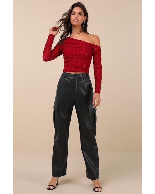 Lulus Red Popular Sparkle Rhinestone Asymmetrical Crop Top