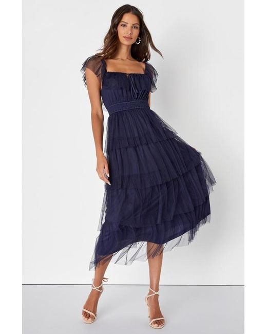 Lulus Blue Tier I Come Tulle Square Neck Tiered Midi Dress