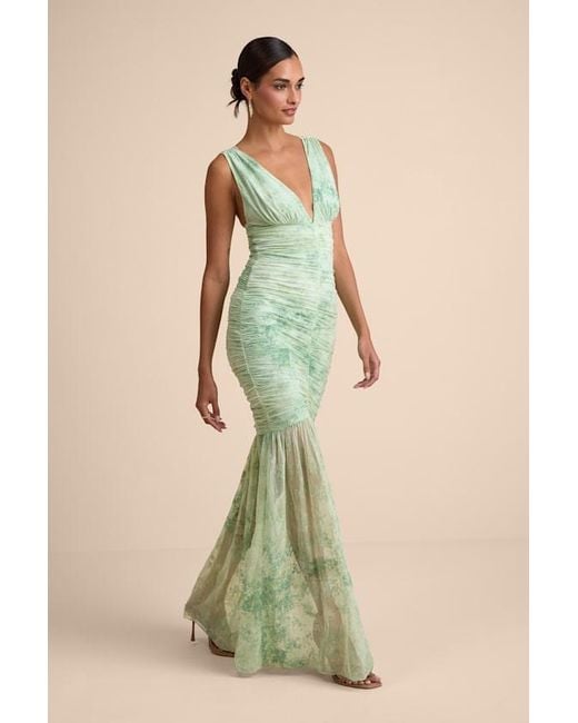 Lulus Green Jamie Floral Mesh Sheer Hem Maxi Dress