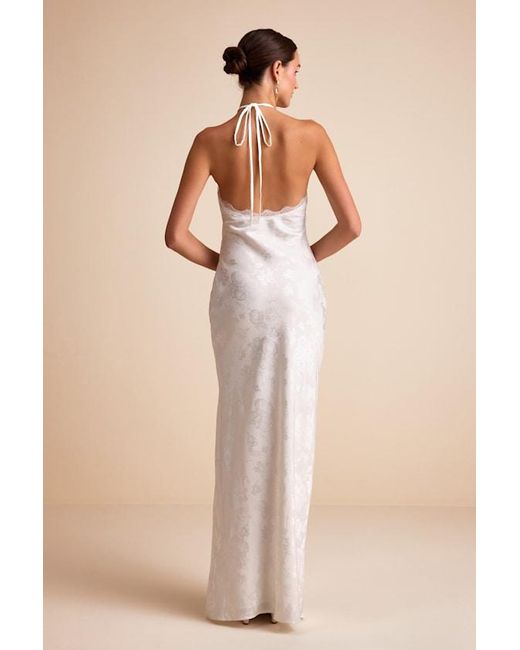 Lulus Natural Emeris Satin Jacquard Lace Halter Maxi Dress